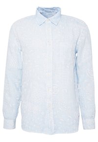 Jasnoniebieska koszula z długim rękawem z białym wzorem paisley i kwiecistym, z kołnierzykiem zapinanym na guziki, materiał wydaje się miękki i lekki.
