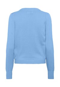 Gaiši zils adīts kardigans ar garām piedurknēm un noapaļotu kakla izgriezumu, ar ribotām piedurknēm un apakšmalu. Gluda tekstūra, minimāla dizaina.