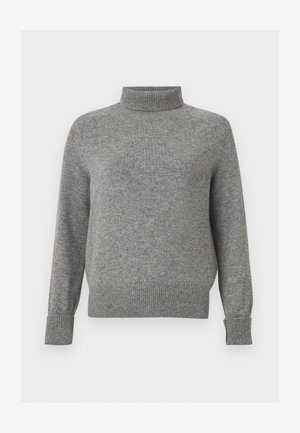 Szürke kötött garbó pulóver hosszú ujjakkal és bordázott ujjvégekkel, szegéllyel és gallérral, fehér háttéren bemutatva.