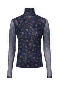 Mesh top met lange mouwen en een hoge hals, met een marineblauwe basis en kleine bruine en blauwe bloemmotieven verspreid over de stof. Zachte textuur.