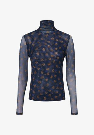 Langärmeliges Netz-Oberteil mit hohem Kragen, mit navyblauem Grundton und kleinen braunen sowie blauen Blumenmustern. Weiche Textur.