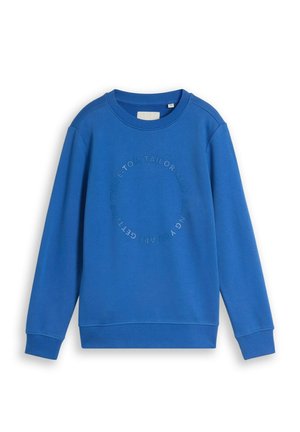 Blauer Sweatshirt mit Rundhalsausschnitt, langen Ärmeln und geprägtem kreisförmigem Text auf der Vorderseite mit der Aufschrift "Tom Tailor Keep Going You Are Getting There."