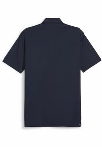 Marinblå kortärmad polo med platt krage, slät textur och rak fåll. Inga synliga mönster eller detaljer i hårdvara.