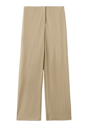 Pantalon beige à jambes larges, taille haute, fermeture éclair et texture subtile, présenté à plat sur un fond blanc.