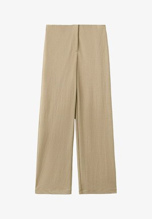 Beige Hosen mit weitem Bein, hoher Taille, Reißverschluss und dezenter Textur, flach auf weißem Hintergrund präsentiert.