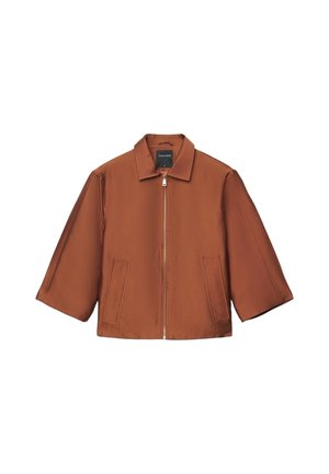 Braune kurze Jacke mit weiten Ärmeln, Reißverschluss vorne, zwei vorderen Taschen und einem spitzen Kragen.