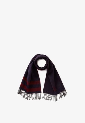 Écharpe bleu marine foncé en laine douce, ornée de rayures rouges et de bords frangés pour ajouter de la texture. Le design est à la fois simple et élégant.