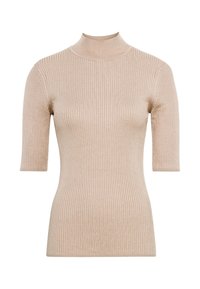 Prążkowana bluzka z krótkim rękawem w jasnym beżu z wysokim dekoltem. Gładka tekstura i dopasowany fason podkreślają sylwetkę. Idealna do noszenia na cebulkę lub samodzielnie.