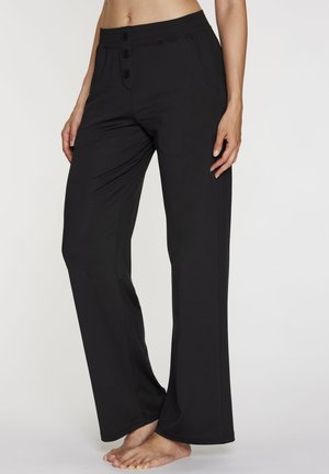 Schwarze, weite Hosen aus Stretch-Stoff mit einem flachen Bund, drei Knöpfen vorne, Seitentaschen und einer glatten Textur.
