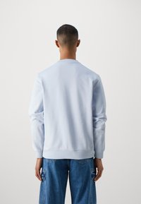 Felpa azzurra chiara con maniche lunghe, scollatura rotonda e polsini a coste. Abbinata a jeans cargo blu con tasche.