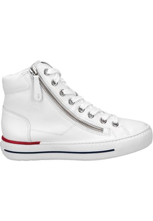 Weiße Leder-Hochtop-Sneaker mit Metallreißverschluss, runder Zehenpartie und strukturiertem Sohlenprofil. Rote und blaue Streifen akzentuieren die Zwischensohle.