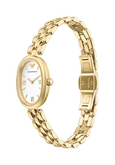 Gold-tone oval watch with a white dial, Roman numerals, and a polished linked bracelet. Features a push-button clasp and logo detail.