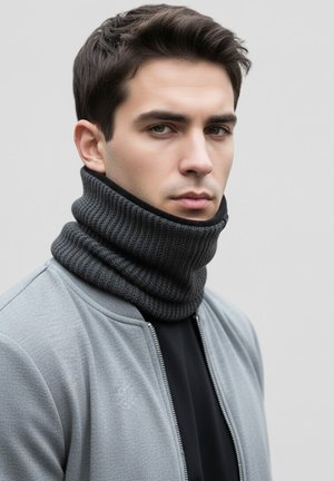 Gray zip-up jacket over a black shirt, paired with a thick, ribbed, dark gray cowl neck. Smooth texture with layered detailing.
