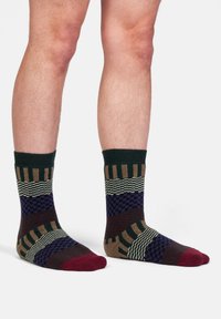 Calcetines de lana con un puño acanalado verde, que presentan patrones multicolores de rayas y cuadros en marrón, azul marino, burdeos y crema.