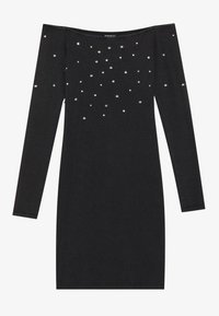 Schwarzes schulterfreies Kleid mit langen Ärmeln, verziert mit kleinen verstreuten silbernen Strasssteinen auf der oberen Vorderseite und den Ärmeln.