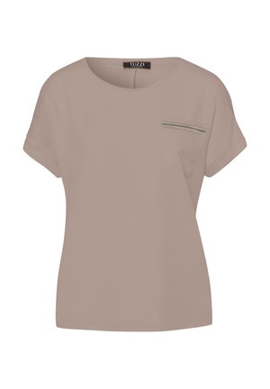 Kurzarm-Top mit Rundhalsausschnitt in Beige, ausgestattet mit einer Fronttasche und einem metallic gestreiften Detail. Hergestellt aus leichtem, glattem Stoff.