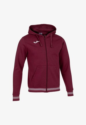 Bordeaux zip-up hoodie van zacht materiaal, met een capuchon, zakken aan de voorkant en gestreepte manchetten. Logo weergegeven op de borst.