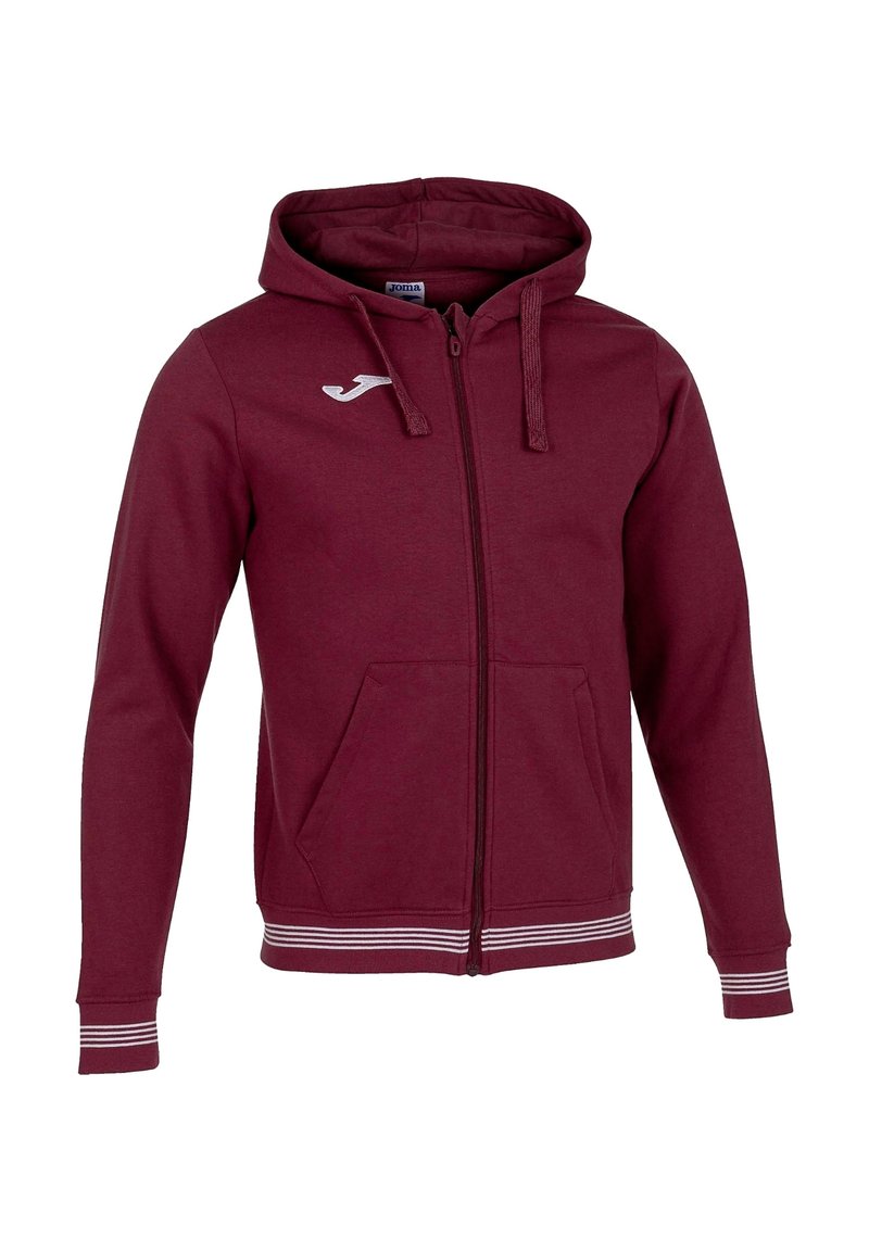 Bordeaux zip-up hoodie van zacht materiaal, met een capuchon, zakken aan de voorkant en gestreepte manchetten. Logo weergegeven op de borst.