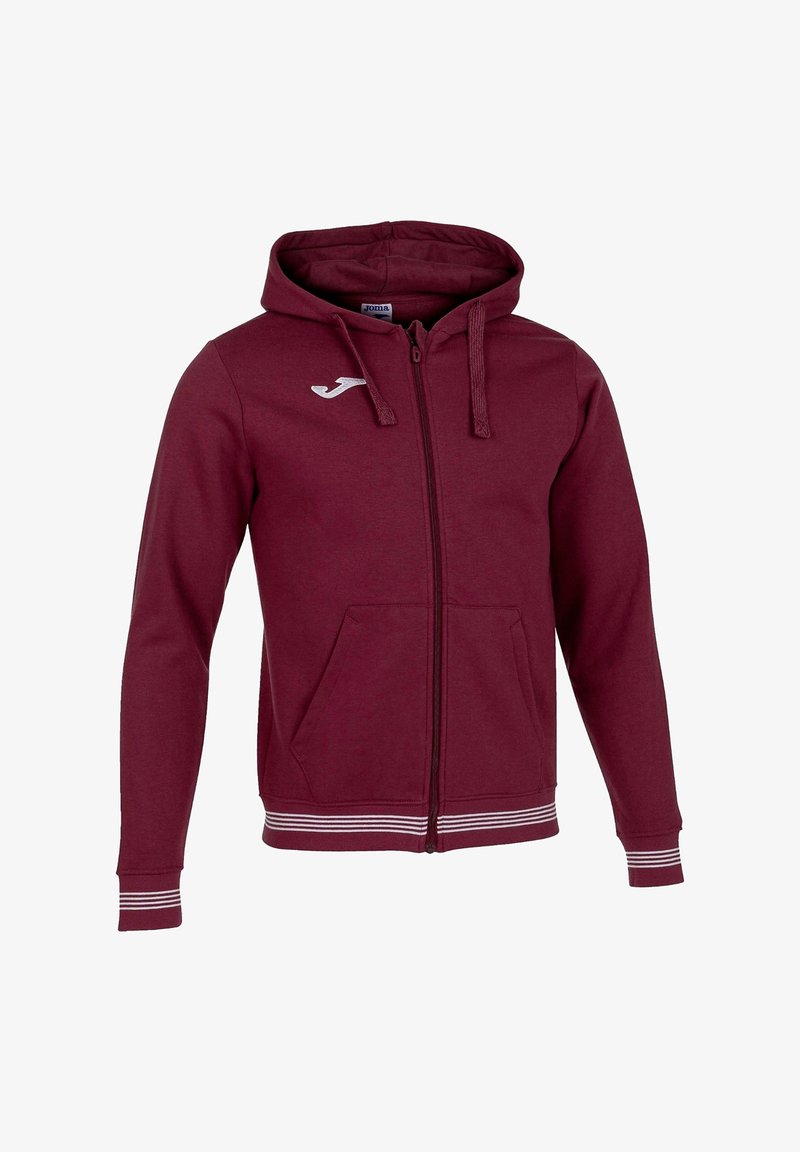 Bordeaux zip-up hoodie van zacht materiaal, met een capuchon, zakken aan de voorkant en gestreepte manchetten. Logo weergegeven op de borst.