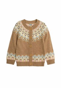 Cardigan lavorato a maglia marrone con motivi floreali e geometrici nei toni del rosa chiaro, blu e crema. Cinque bottoni in legno e polsini a costine.