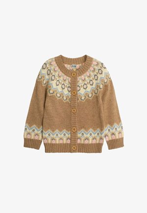 Pruun kudunud kardigan, millel on lillelised ja geomeetrilised mustrid heledates roosas, sinises ja kreemjas toonis. Viis puidust nuppu ja ribakujulised mansetid.