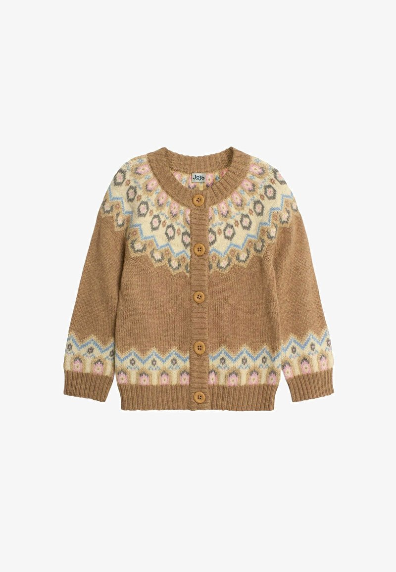 Brązowy, dziergany kardigan z kwiatowymi i geometrycznymi wzorami w jasnym różu, niebieskim i kremowym. Pięć drewnianych guzików i ściśnięte mankiety.
