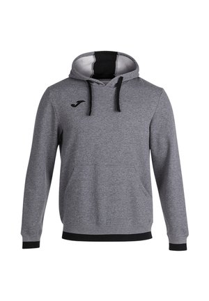 Sweat à capuche gris à manches longues avec cordons noirs, poche kangourou avant et petit logo noir sur la poitrine gauche.