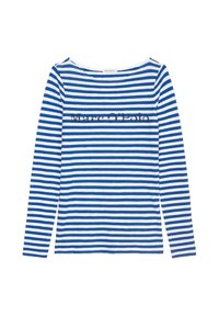 Długi rękaw bluzka w niebiesko-białe poziome paski, okrągły dekolt oraz logo "Marc O'Polo" nadrukowane na klatce piersiowej. Wykonana z miękkiego materiału.