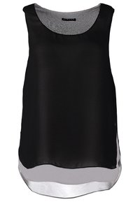 Top senza maniche nero realizzato in tessuto leggero, caratterizzato da un décolleté curvo e un orlo in argento a contrasto nella parte inferiore.