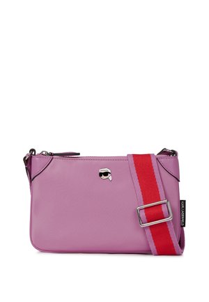 Pink synthetic crossbody bag with a red and pink striped strap, featuring a small logo detail and a zippered compartment. Compact design.