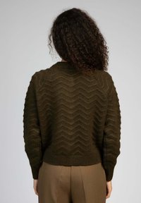 Pull en tricot vert foncé avec une texture en zigzag, col et ourlet côtelés, avec des manches longues et volumineuses, assorti à un pantalon marron.