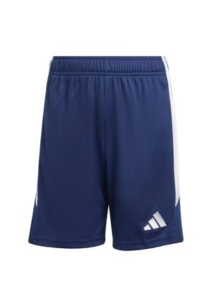 Pantalones cortos deportivos de color azul marino hechos de material ligero; cuentan con una cinturilla elástica, rayas laterales blancas y un logo plateado reflectante en el dobladillo.