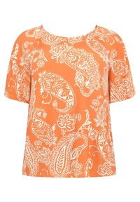 Haut orange à manches courtes avec un motif cachemire et floral blanc, col rond et coupe décontractée. Confectionné dans un tissu doux et léger.