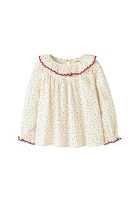 Kreemivärvi pikkade varrukatega beebiblus, millel on väike lilleline print, rippuv kaelus ja burgundi punase äärisega volangkäised.