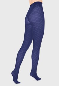 Granatowe rajstopy w diamentowy wzór, wykonane z gładkiego materiału, z wysokim stanem i przezroczystym wykończeniem, zaprojektowane tak, aby ściśle przylegały.