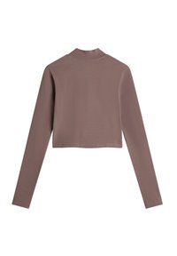 Maglietta cropped marrone a maniche lunghe con colletto alto. Realizzata in un tessuto morbido, presenta una consistenza liscia e cuciture pulite lungo i bordi.