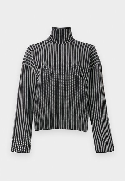 Μπλούζα με ριγέ ασπρόμαυρο ζιβάγκο και μακριά μανίκια, με ριμπ υφή και εφαρμοστό σχέδιο. Καθαρό, μινιμαλιστικό στυλ.
