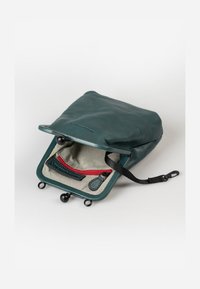 Borsa verde in pelle con apertura a pattina, dotata di un interno a righe e una tasca con zip rossa. Accompagnata da una tracolla rimovibile e accessori in metallo tondeggianti.
