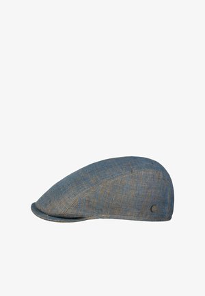 Blue and brown textured flat cap with a small round metal brand emblem on the side, shown against a white background.