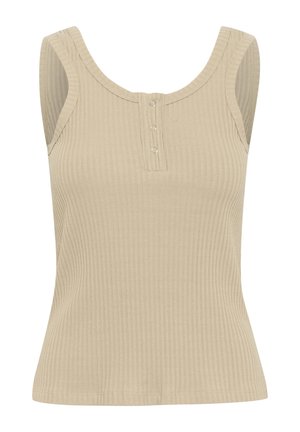 Beige geripptes Tanktop mit einem runden Ausschnitt und drei Metallknöpfen vorne. Der Stoff hat eine weiche Textur und eine figurbetonte Silhouette.