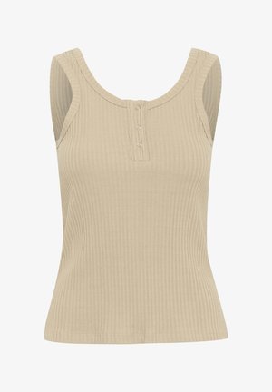 Beige geripptes Tanktop mit einem runden Ausschnitt und drei Metallknöpfen vorne. Der Stoff hat eine weiche Textur und eine figurbetonte Silhouette.
