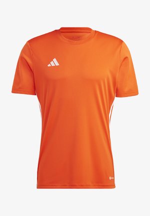 Orange athletic shirt made of breathable fabric. Short sleeves, round neck, and white accents on sides and logo. Lightweight design.