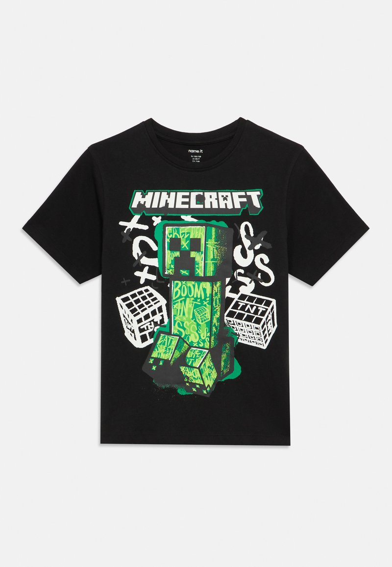 Czarny bawełniany t-shirt z zielono-białym nadrukiem, przedstawiający napis "Minecraft" oraz postać Creepera z motywami bloków.