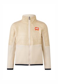 Beige polstret jakke med høj krave, fuldlængde lynlås og orange grafisk design. Har struktureret stof og kontrasterende marineblå detaljer.