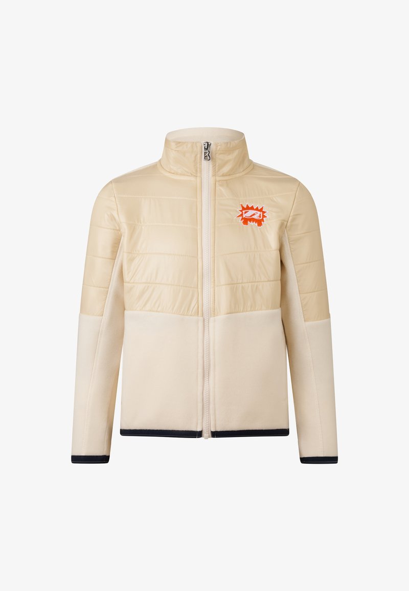 Beige polstret jakke med høj krave, fuldlængde lynlås og orange grafisk design. Har struktureret stof og kontrasterende marineblå detaljer.