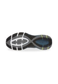 Shoe outsole featuring a textured black rubber bottom, gray midsole, and blue accents. Notable tread patterns and flex grooves visible.