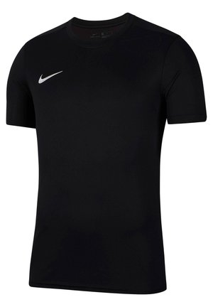 Maglietta sportiva nera a maniche corte realizzata in tessuto traspirante, con scollatura rotonda e logo Nike bianco sul lato sinistro del petto.