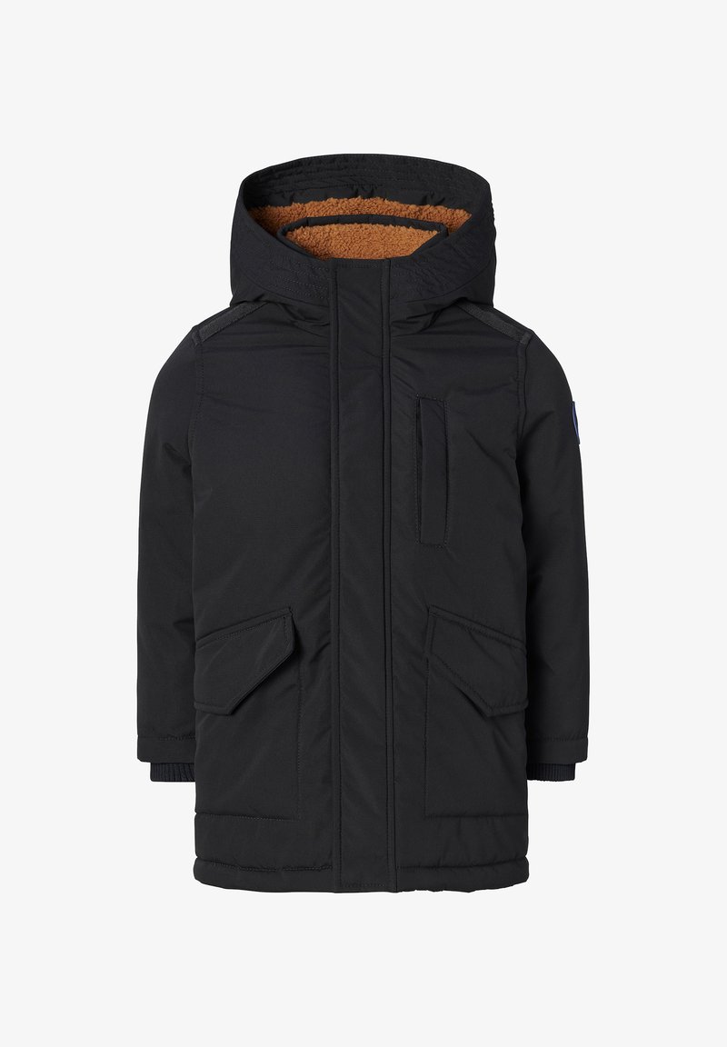 Sort polstret jakke med hætte, brun fleece-foring, forlommer og ribbede manchetter. Har en glat ydre tekstur og minimale design accenter.