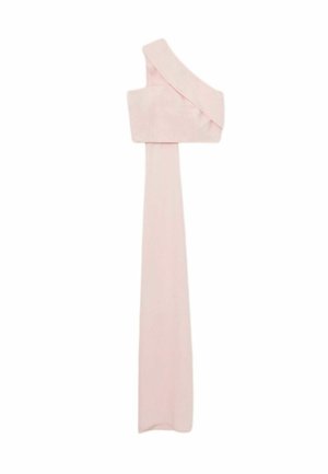 Egyrészes, halvány rózsaszínű, padlóig érő ruha, testhez simuló felsőrésszel és hosszú, lebegő szoknyával.