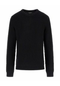 Maglione nero texturizzato con scollo rotondo, maniche lunghe e polsini e orlo a coste. Presenta un motivo sottile su tutta la superficie.